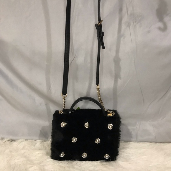 NWT Kate Spade Black Faux Fur Handle Crossbody Bag w/ Crystal Embellishments - Picture 7 of 16